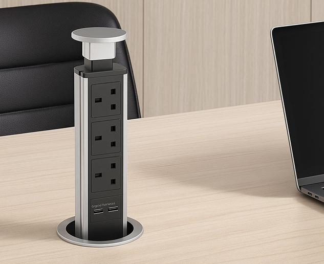 FutureDesk PopUpConnect – Pop-up power and data module for meeting tables with sockets, USB, and seamless tabletop integration.