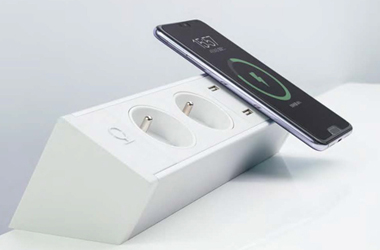 Integrated office desk power module with USB, power socket, and cable management for modern workspaces
