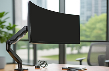 Single monitor arm mounted on desk holding a curved widescreen monitor arm