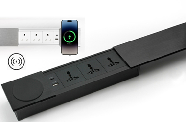 Sliding PDU with wireless charger integrated into office desk table