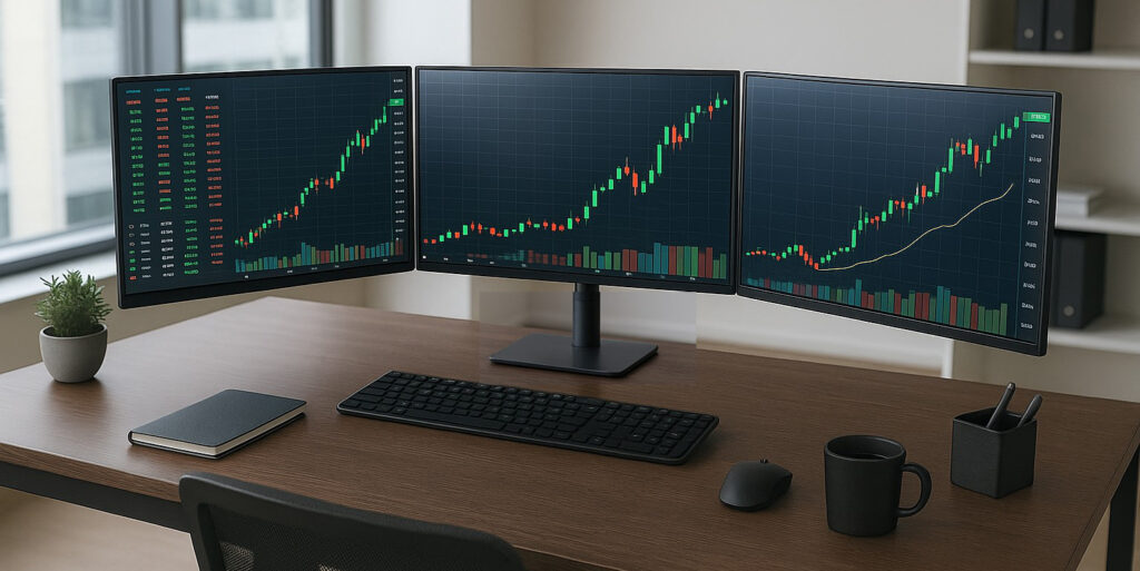 Triple monitor arm mounted on office desk holding three flat-screen monitors