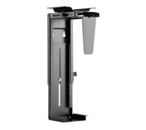 Under-desk adjustable CPU holder securing a computer tower with height and width adjustment straps.