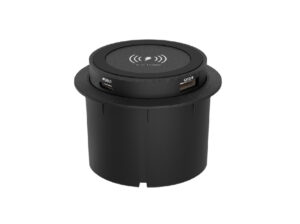 Embedded wireless charger installed in a tabletop, providing seamless device charging with a clean, flush-mounted design.